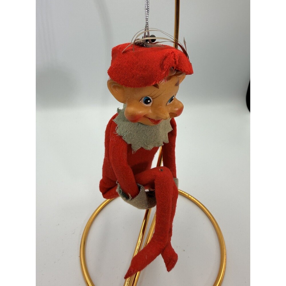 Vintage Christmas Elf Ornament Knee Hugger Red Felt Poseable Pixie Retro - Picture 6 of 13